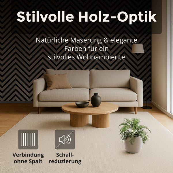 Modernes Wohnzimmer mit hellem Sofa, Holz-Couchtisch und Chevron-Wandgestaltung. Inklusive spaltfreier Verbindung und Schallreduzierung.