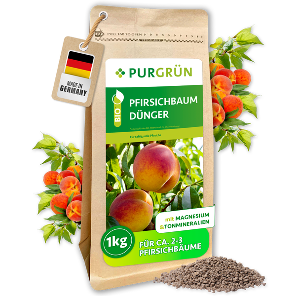Bio-Pfirsichbaum-Dünger von Purgrün mit Tonmineralien und Magnesium, 1 Kilogramm Packung, neben einem lächelnden Gärtner mit Strohhut.