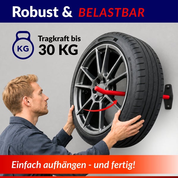 Ein Mann hängt einen Autoreifen an einen robusten Wandhalter mit einer Tragkraft von 30 Kilogramm.