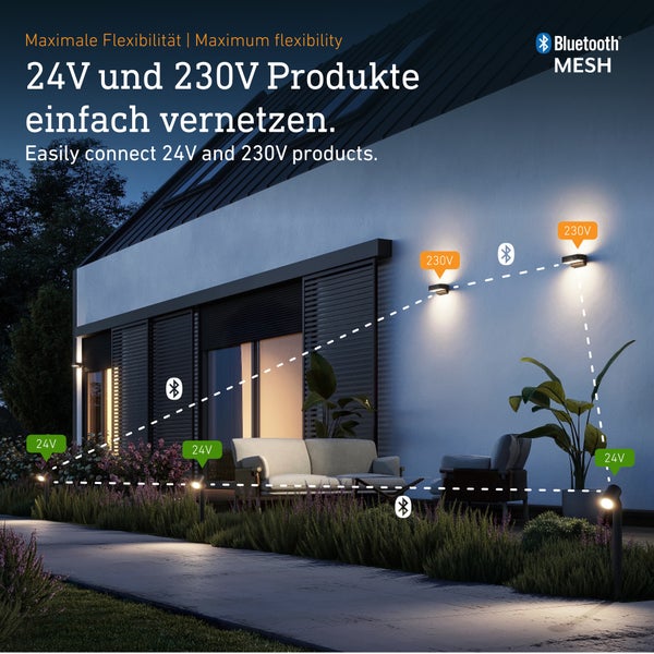 Moderne Terrasse und Garten bei Nacht, Vernetzung von 230 Volt Wandleuchten und 24 Volt Gartenleuchten via Bluetooth Mesh.