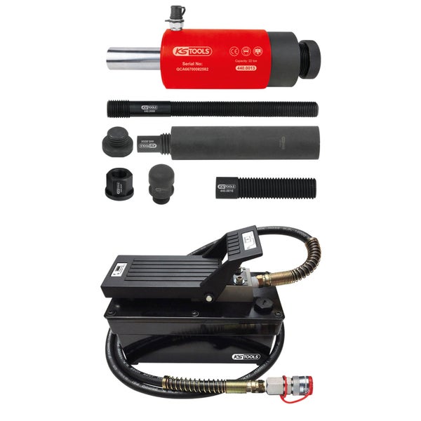 KS Tools Hydraulik-Werkzeugsatz mit Fußpumpe, inklusive diverser Aufsätze