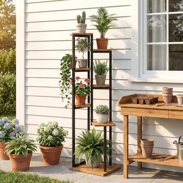Mehrstufiger Blumenständer aus Metall und Holz auf einer hellen Terrasse mit verschiedenen Pflanzen neben einem Pflanztisch.