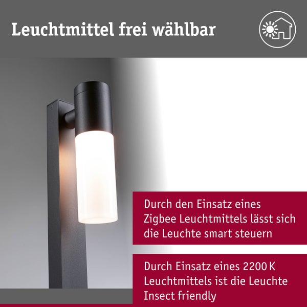 Moderne Außenwandleuchte mit zylindrischem Schirm, geeignet für Zigbee-Leuchtmittel zur smarten Steuerung und insektenfreundlichem Licht.