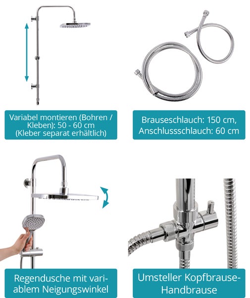 Calmwaters® Duschsystem Chrom, mit Regendusche & Handbrause, je 1 Strahlart, Regendusche, Anti-Kalk, höhenverstellbar, Kleben oder Bohren, 20DP6173