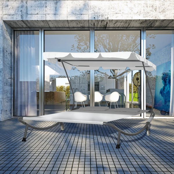 Outsunny Sonnenliege rollbar Campingliege mit Kopfkissen, Dach UV-beständig und wasserabweisend Gartenliege Liegestuhl bis 220kg belastbar für Balkon, Garten, Cremeweiß