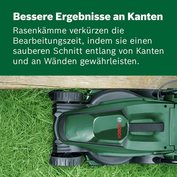 Bosch Rasenmäher beim Mähen an einer Holzkante, Detailansicht der Rasenkämme für präzises Schneiden an Rändern. Bosch Logo.
