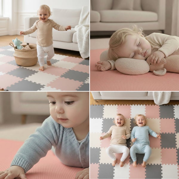 Schaumstoff-Puzzlematte für Kinder im Wohnzimmer, zum Spielen, Krabbeln und Schlafen geeignet.