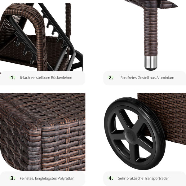 Rattan Sonnenliege tectake Cassis 196 x 72 x 57 - 94,5 cm mit Aluminiumgestell braun gemischt