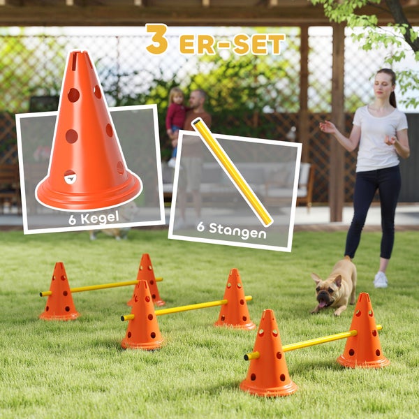 Agility-Set für Hunde aus Kunststoff mit 6 Pylonen und 6 Stangen auf einer hellen Rasenfläche mit einer Person und einem Hund beim Training im Garten.