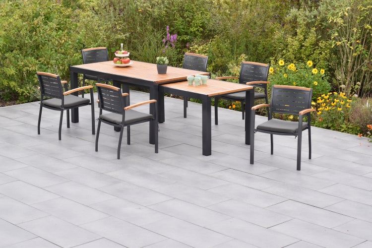 Tinos Gartenmöbelset 13tlg., Stapelsessel inkl. Auflagen, Flex Ausziehtisch 180 (360) x 100 cm