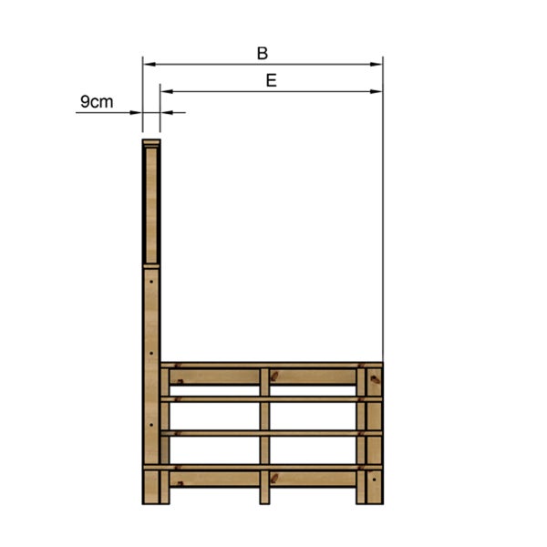 Technische Zeichnung eines Holzregals mit Maßangaben