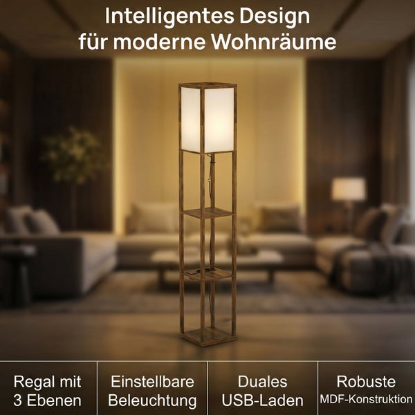 Stehlampe in Holzoptik mit anpassbarer Beleuchtung, drei Regalebenen und Ladefunktion für Mobilgeräte in einem modernen Wohnzimmer.