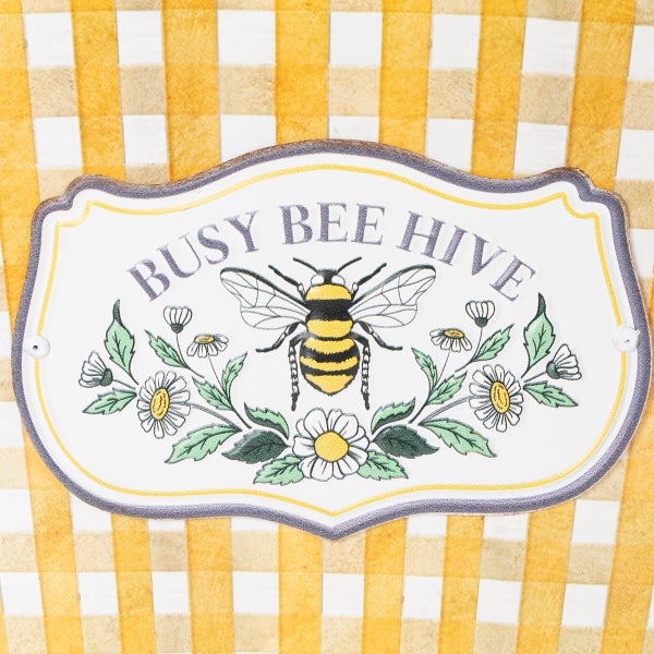 Dekoratives Schild Busy Bee Hive mit Biene und Blumenmotiven.