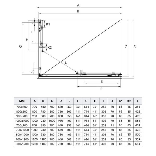 Technische Zeichnung einer Duschkabine mit Maßangaben und Tabelle