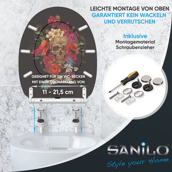 SANILO WC-Sitz mit Totenkopf-Blumen-Motiv, Montagematerial, Schraubendreher und Sanilo Logo. Geeignet für Lochabstände von 11 bis 21,5 Zentimeter.
