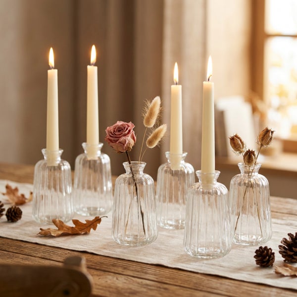 Set aus geriffelten Glasvasen als Kerzenhalter auf einem Holztisch mit Dekoration aus Trockenblumen und brennenden Stabkerzen.