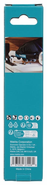 Makita Verpackung mit Makita Logo, Anwendungsbild eines Winkelaufsatzes, Sicherheitssymbolen, Recyclinghinweisen und Herstellerinformationen.