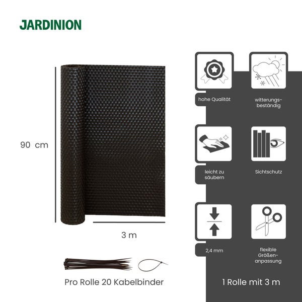 Jardinion Sichtschutzmatte aus Kunststoffgewebe, 90 Zentimeter hoch, 3 Meter lang, inklusive 20 Kabelbindern. Witterungsbeständig und kürzbar.