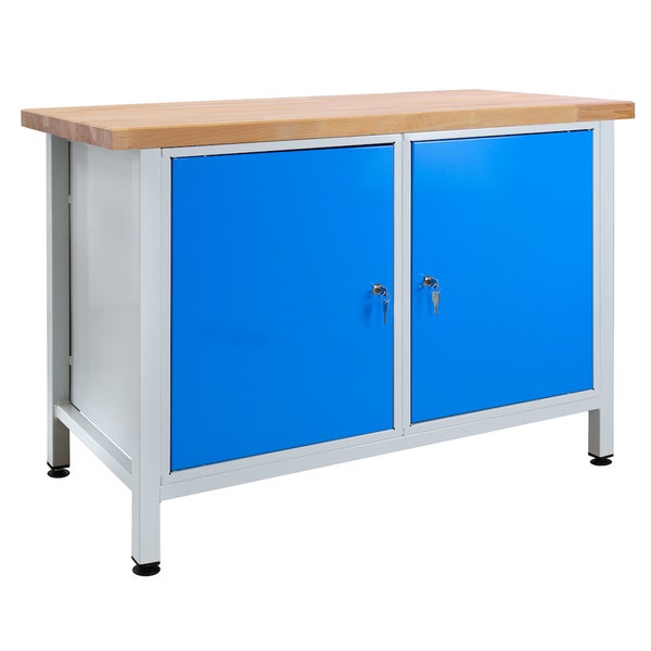 PROREGAL Werkbank Rhino mit 2 Türen HxBxT 84 x 120 x 60 cm Traglast 300 kg Lichtgrau Blau