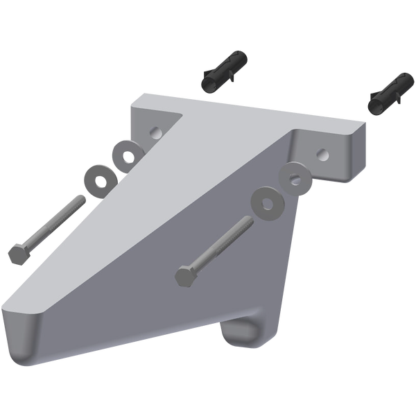Wandhalterung mit Montageset bestehend aus zwei Sechskantschrauben, vier Unterlegscheiben und zwei Dübeln.