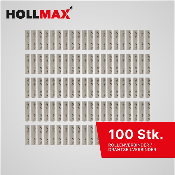 100 Stück HOLLMAX Rollenverbinder und Drahtseilverbinder aus Metall mit Befestigungsschrauben. HOLLMAX Logo.