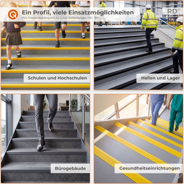 Collage mit PVC-Treppenkantenprofilen in Schulen, Lagerhallen, Büros und Gesundheitseinrichtungen für zwei Millimeter Bodenbeläge.