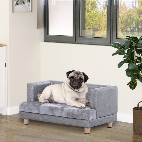 PawHut Hundesofa, Haustiersofa, Hundebett, Hundematte, Kunstleder, Kurzplüsch, Grau, 68 x 41 x 32 cm