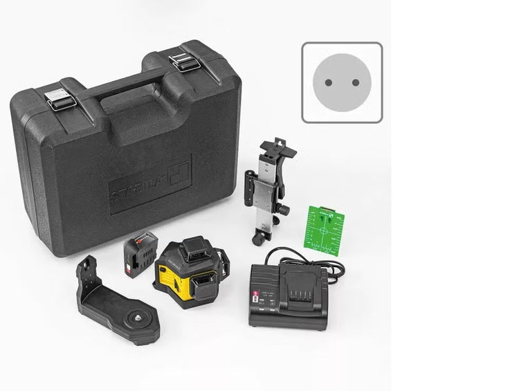 Stabila Kreuzlinienlaser Set mit Tragekoffer, Akku, Ladegerät, Wandhalterung und Zielplatte.