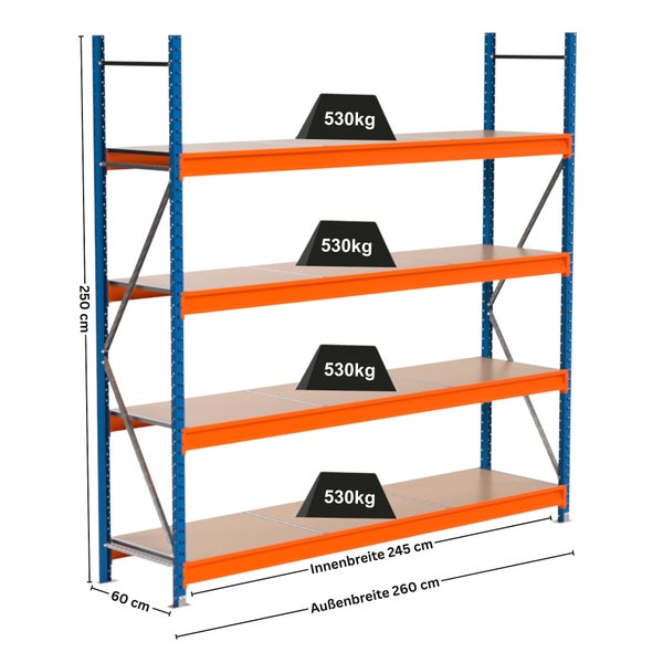 Lagerregal mit vier Regalböden und einer maximalen Traglast von 530 Kilogramm pro Ebene