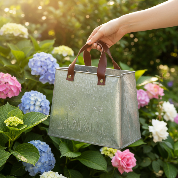 Verzinkte Metall-Gartentasche mit braunen Griffen und Naturmotiven, gehalten in einem hellen Garten mit blühenden Hortensien und Rosen.