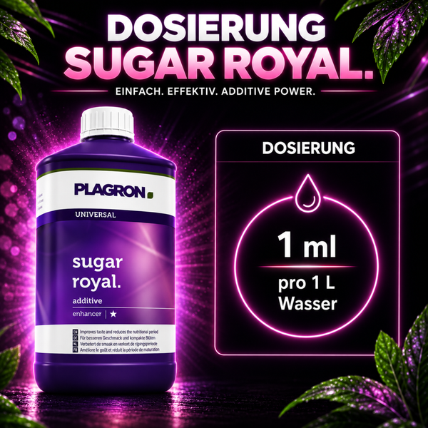 Plagron Sugar Royal Pflanzendünger Flasche mit Dosierungshinweis 1 Milliliter auf 1 Liter Wasser