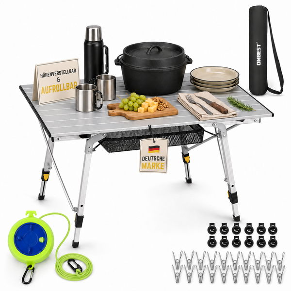 Höhenverstellbarer, aufrollbarer Aluminium-Campingtisch mit Zubehör wie Feuertopf, Geschirr und Netz. Tragetasche mit ONBEST Logo und Wäscheleine.