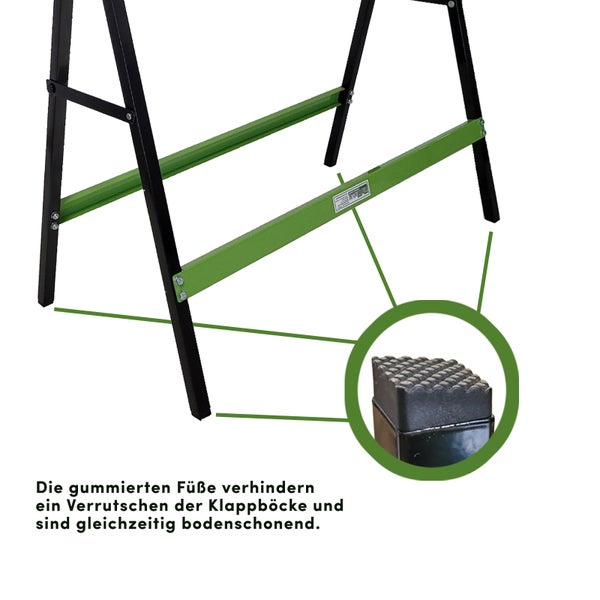 Detailansicht eines Klappbocks mit Gummifüßen.