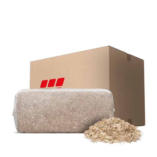 Hanfeinstreu für Tiere als gepresster Ballen und loses Material vor einem Versandkarton mit Hornbach Logo.