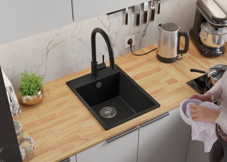 PRIMAGRAN Granitspüle Anthrazit 38x50cm, Spülbecken 1 Becken + Küchenarmatur 32x20cm + Ablauf-Set, Küchenspüle ab 40er Unterschrank - Riga
