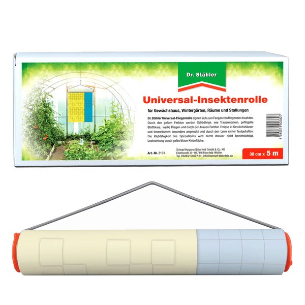 Universal Insektenrolle – Farb-Leimfalle in Gelb & Blau zur Bekämpfung von Trauermücken, Thripsen, Blattläusen & weißen Fliegen – Doppelseitig klebend – 30 cm x 5 m – Ohne Insektizide