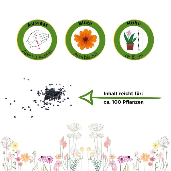 Aussaat April bis August, Blütezeit April bis Juli, Wuchshöhe circa 15 Zentimeter, Inhalt reicht für circa 100 Pflanzen.