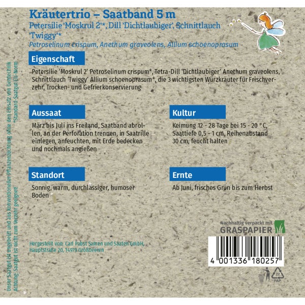 Kräutertrio Saatband 5 m Petersilie Dill Schnittlauch Samen von Grüne Fee