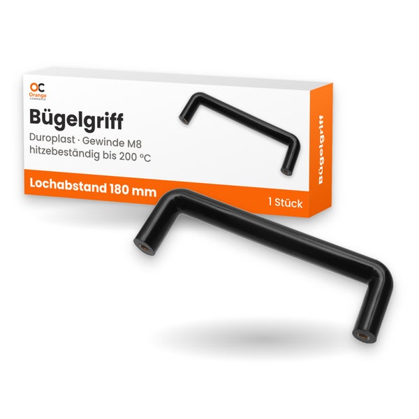 Bügelgriff aus Duroplast mit M8 Gewinde, 180 Millimeter Lochabstand, hitzebeständig bis 200 Grad Celsius, Orange Commerce Logo.