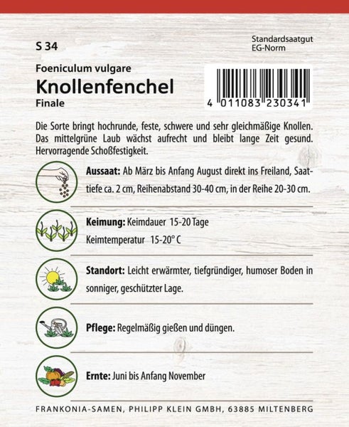 Knollenfenchelsamen-Packung mit Informationen zu Aussaat, Keimung, Standort, Pflege und Ernte