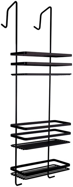 Schwarzes Duschregal aus Metall zum Aufhängen mit mehreren Ablageflächen, zwei großen Haken oben und zwei kleinen Haken unten.