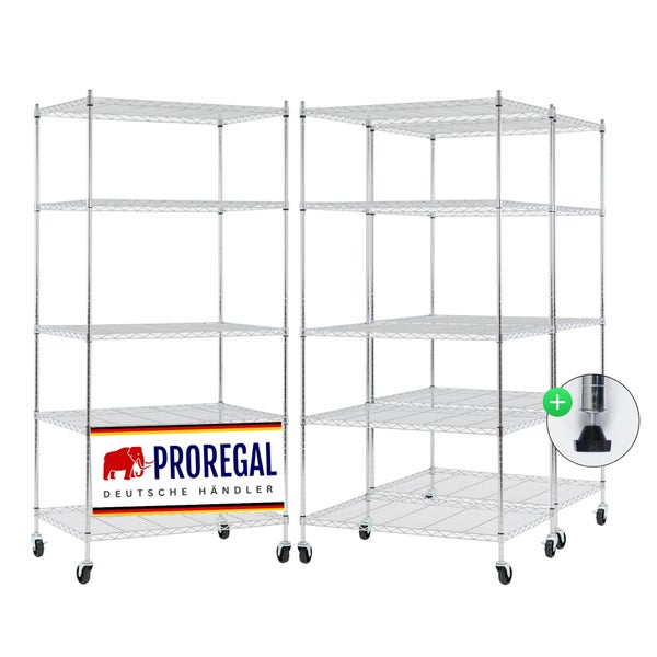 Proregal Logo. Zwei Drahtgitterregale aus Metall mit fünf Ablagen, ausgestattet mit Rollen und höhenverstellbaren Füßen.