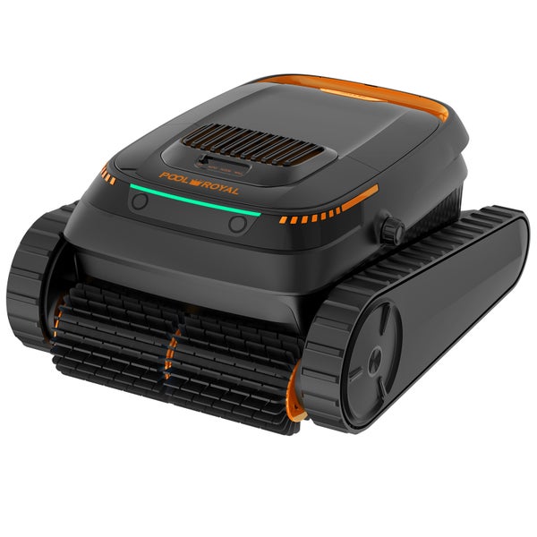 Schwarzer Poolroboter von Pool Royal mit Raupenantrieb und Bürsten zur Reinigung von Boden und Wand.