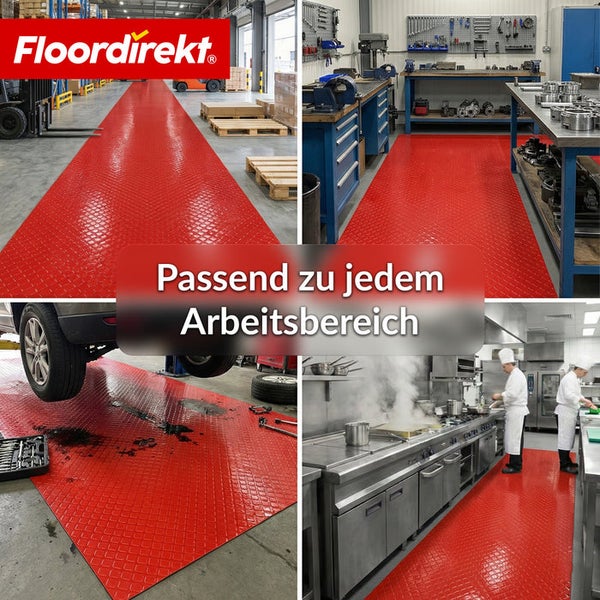Collage verschiedener Arbeitsbereiche mit Bodenschutzmatten und Floor direkt Logo