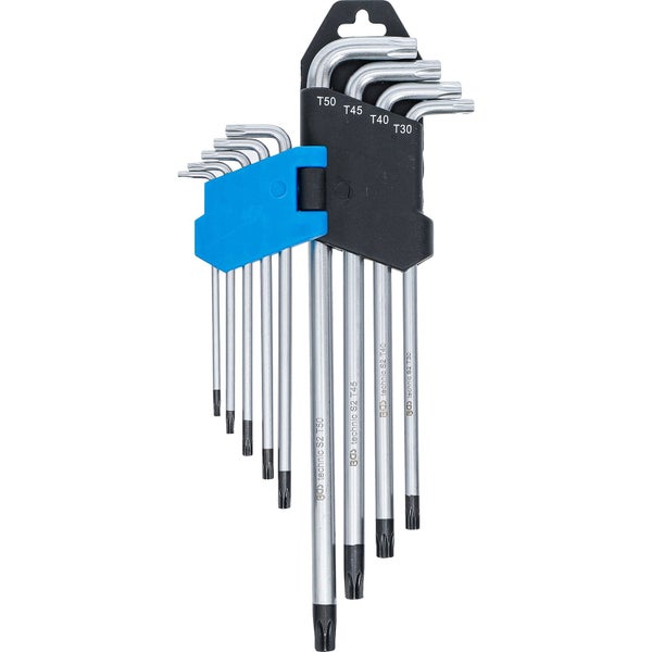 Winkelschlüsselsatz für Torx Schrauben, 9-teilig, aus S2-Stahl, in klappbarem Halter.