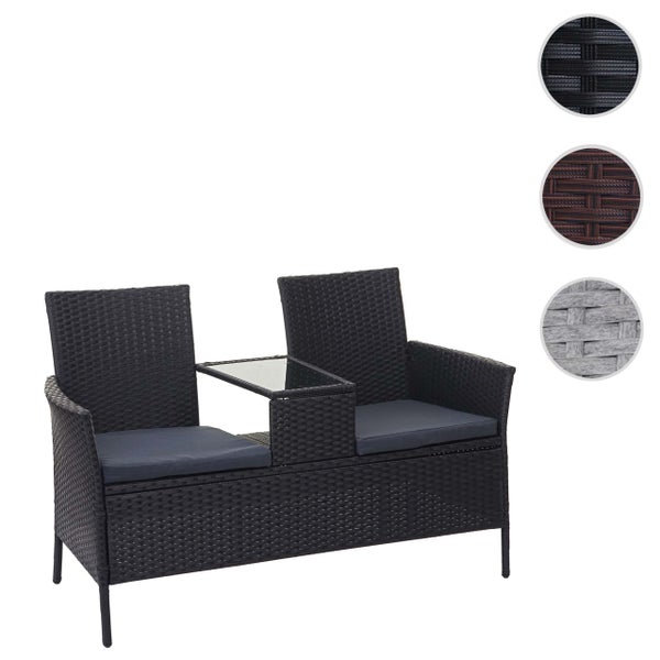Zweisitzer-Gartenbank aus anthrazitfarbenem Polyrattan mit integriertem Glastisch und Sitzkissen.