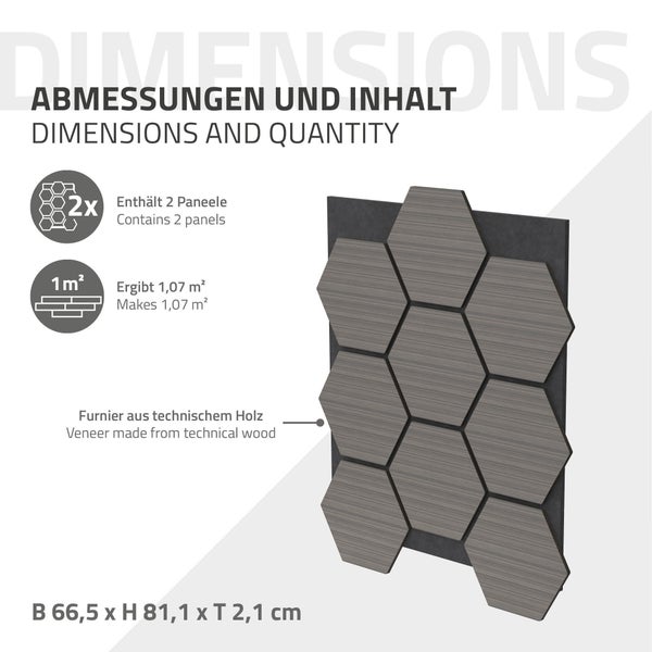 ML-Design 2er Set Akustikpaneele 66x81x2cm für 1m² – Grau, MDF Akustikplatten in Hexagon-Holzoptik, Wandpaneele zur Schalldämmung, Wandverkleidung für Büro, Studio, Schallschutz & Akustikbehandlung