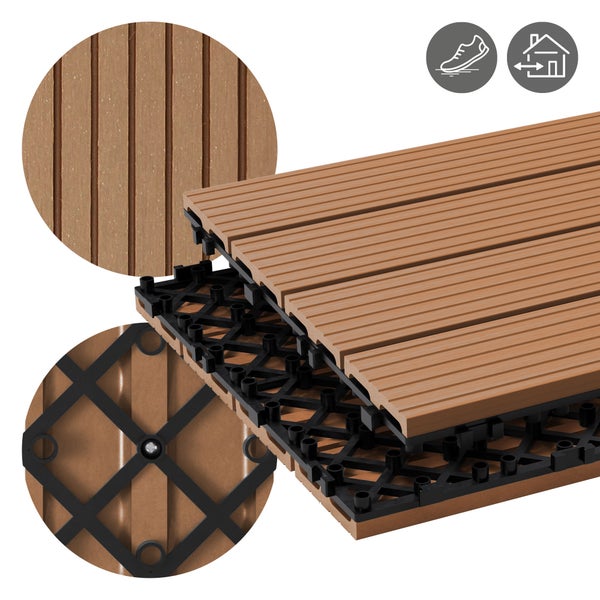 Braune Terrassenfliese aus Holz-Kunststoff-Verbundwerkstoff mit geriffelter Oberfläche und Klicksystem, rutschhemmend, für Innen- und Außenbereich.