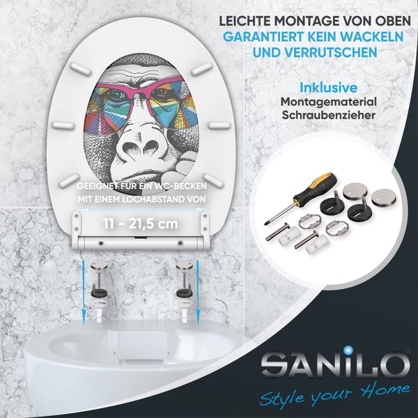 Toilettensitz mit Gorilla-Motiv, Sanilo Logo, einfache Montage, Set mit Schraubendreher, Lochabstand 11 bis 21,5 Zentimeter.