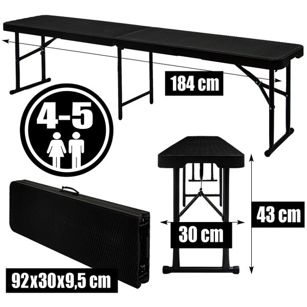 Klapptisch mit den Maßen 184 x 30 x 43 cm, zusammengeklappt 92 x 30 x 9,5 cm, geeignet für 4 bis 5 Personen